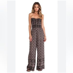 Free People Strapless Printed Wide-Leg Jumpsuit in Black & Taupe